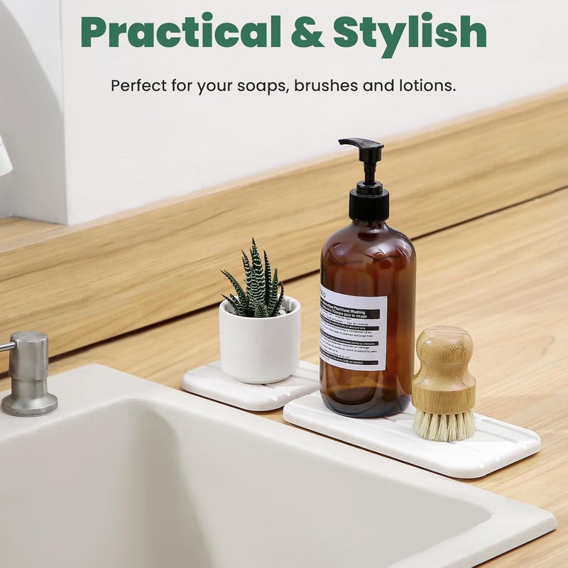 WALL QMER 3PCS Water Absorbing Diatomaceous Earth Tray for Sink, Fast Drying Soap & Toothbrush Holders for Bathroom Counter, 1 Stone Tray, 2 Stone Coasters - Image 3
